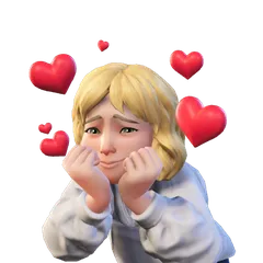 Avatar is smiling with their eyebrows upturned, they're resting their chin on their curled fists and little red hearts are floating around them.
